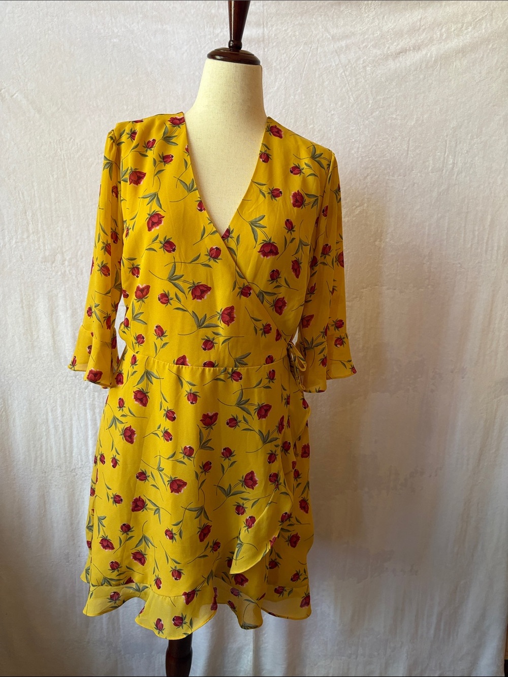 krazy kat Yellow Wrap Mini Dress with Red Rose Print